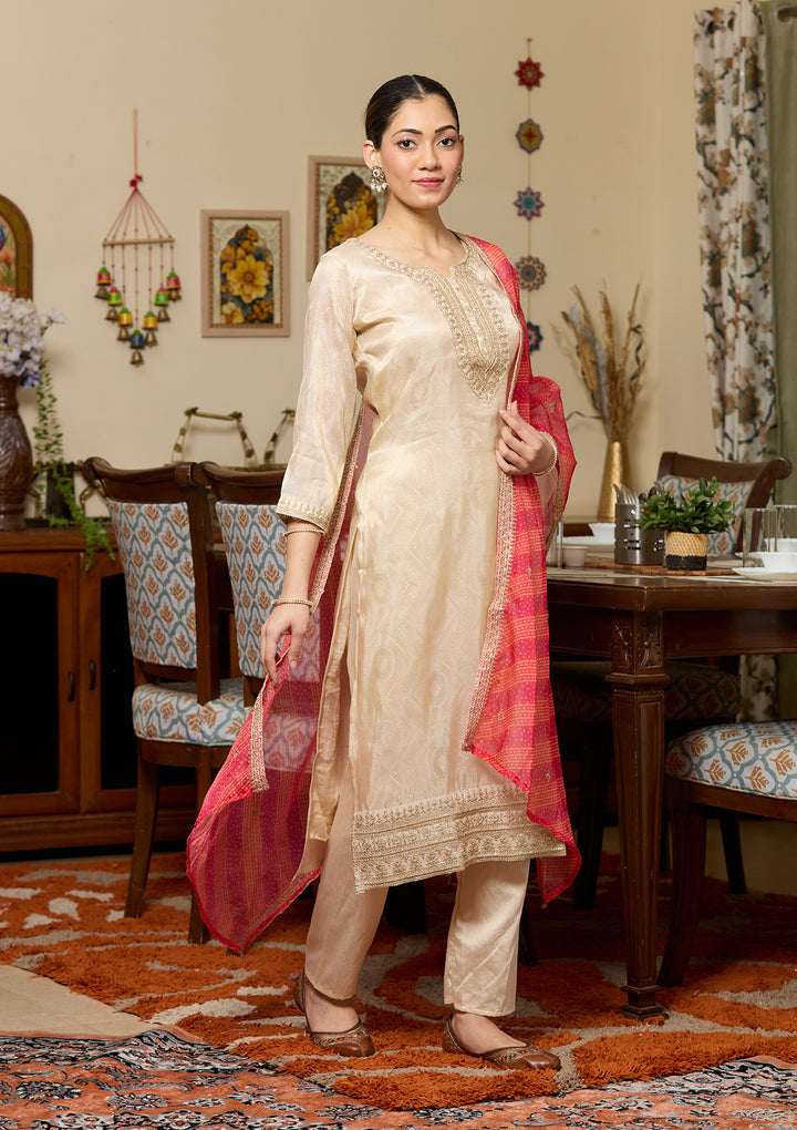 Beige Brocade Threadwork Straight Kurta With Pant Regular And Dupatta