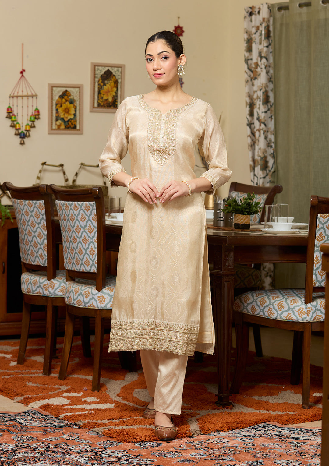 Beige Brocade Threadwork Straight Kurta With Pant Regular And Dupatta
