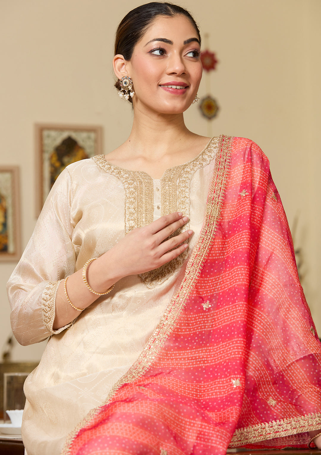 Beige Brocade Threadwork Straight Kurta With Pant Regular And Dupatta
