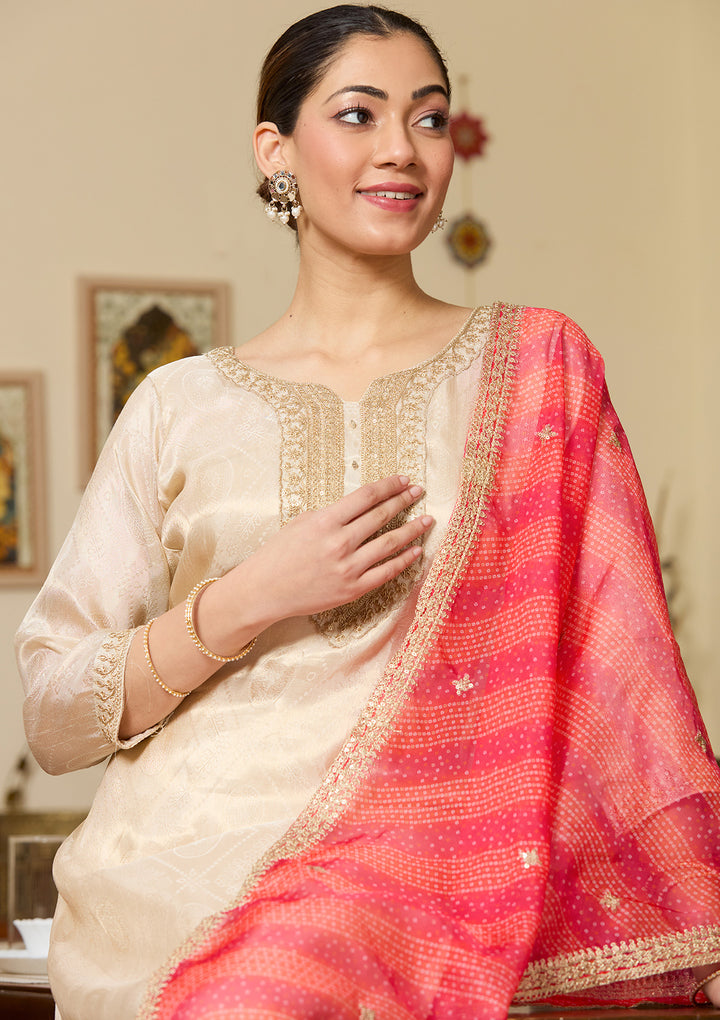 Beige Brocade Threadwork Straight Kurta With Pant Regular And Dupatta