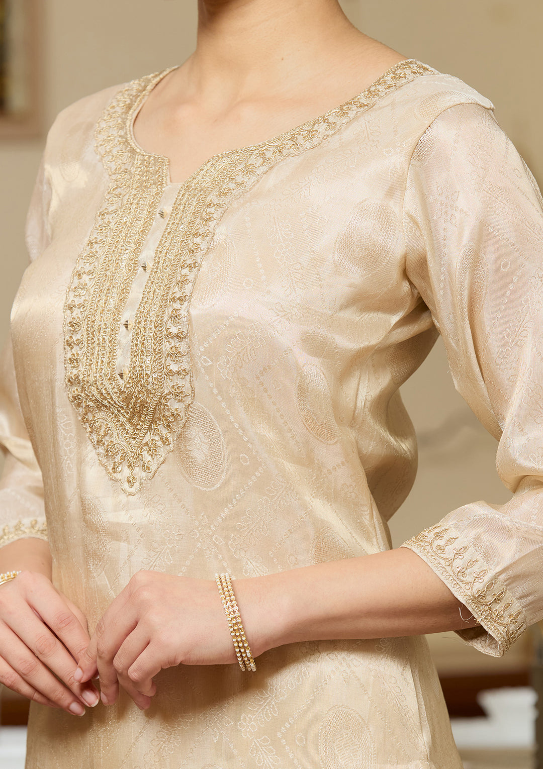 Beige Brocade Threadwork Straight Kurta With Pant Regular And Dupatta