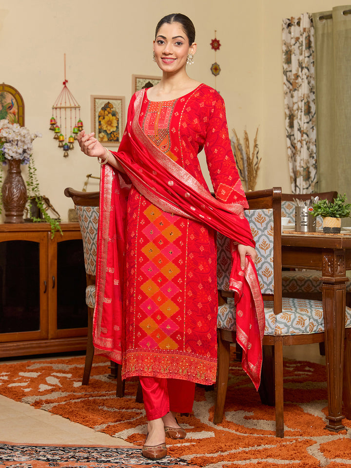 Red Crepe Abstract Geometric Printed Straight Kurta With Regular Pant And Dupatta