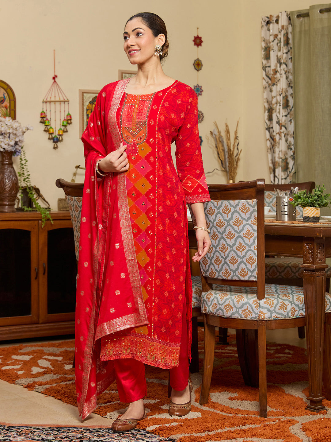 Red Crepe Abstract Geometric Printed Straight Kurta With Regular Pant And Dupatta