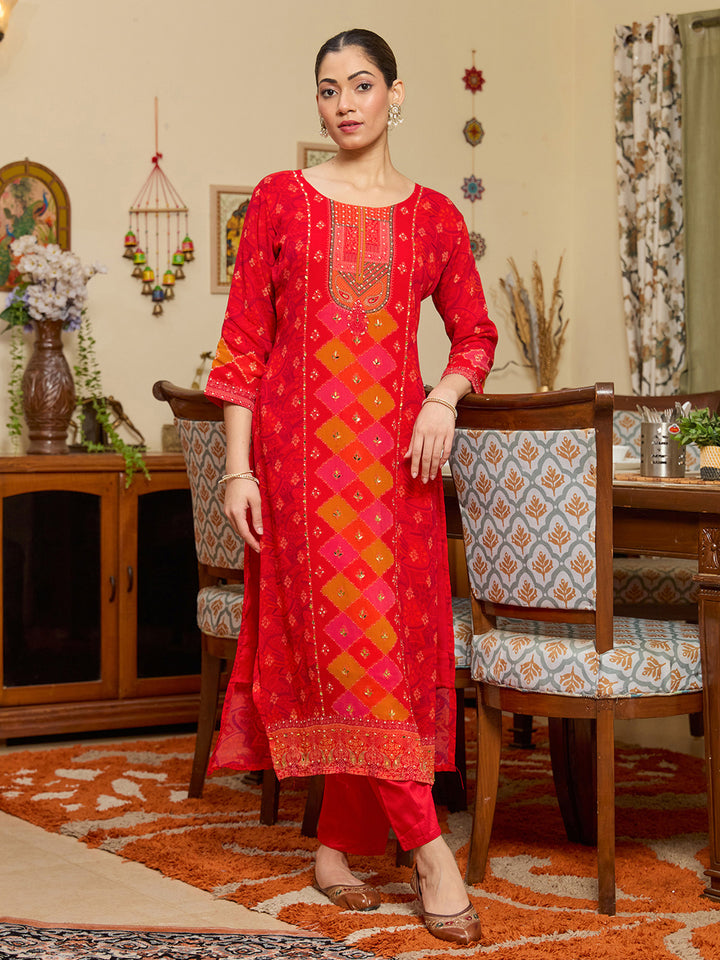 Red Crepe Abstract Geometric Printed Straight Kurta With Regular Pant And Dupatta