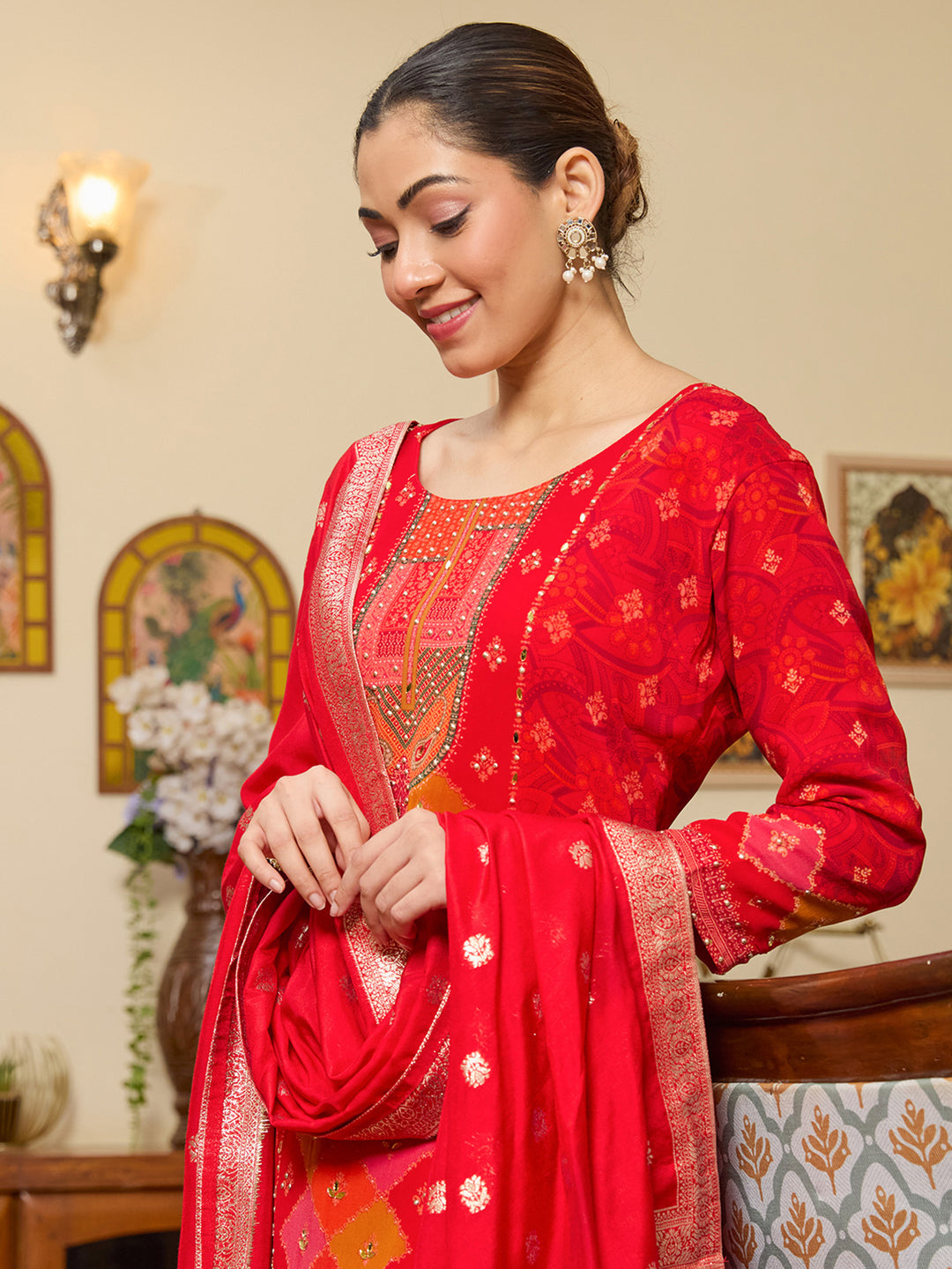 Red Crepe Abstract Geometric Printed Straight Kurta With Regular Pant And Dupatta