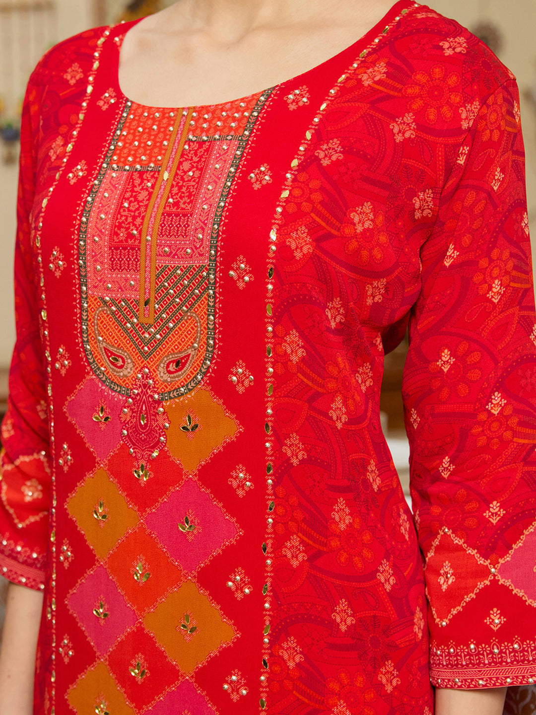 Red Crepe Abstract Geometric Printed Straight Kurta With Regular Pant And Dupatta