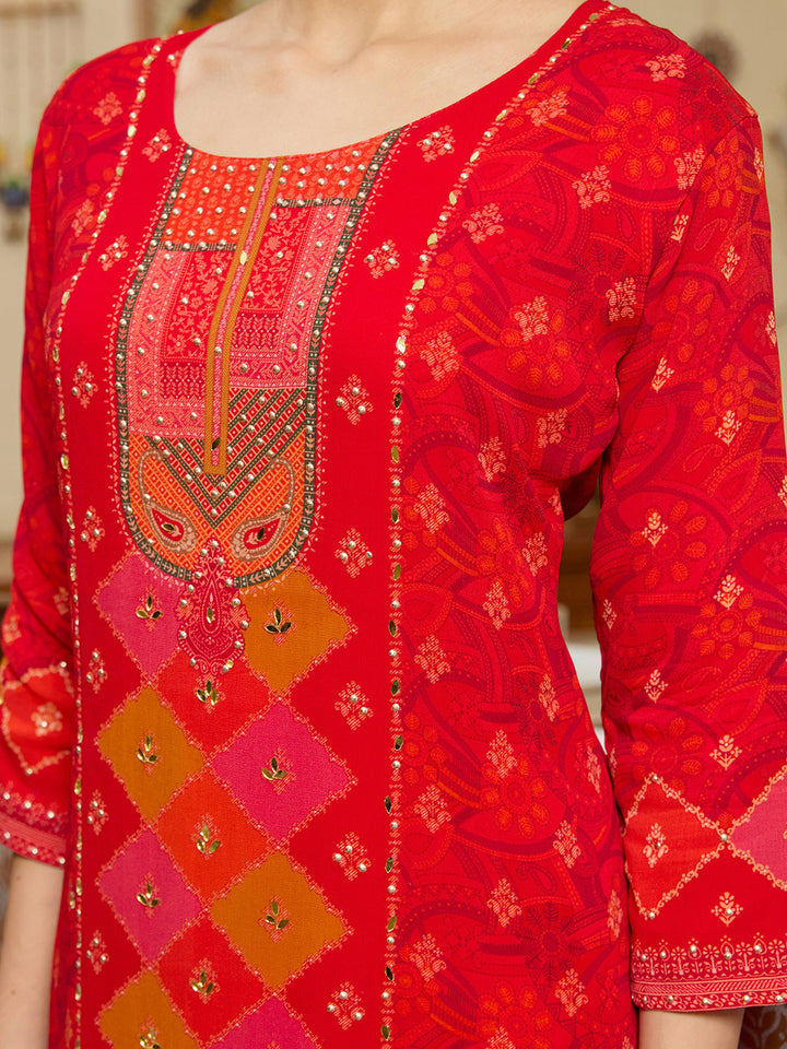 Red Crepe Abstract Geometric Printed Straight Kurta With Regular Pant And Dupatta