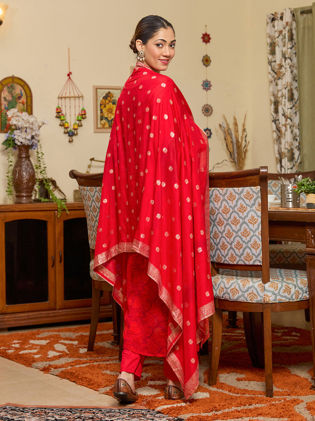 Red Crepe Abstract Geometric Printed Straight Kurta With Regular Pant And Dupatta