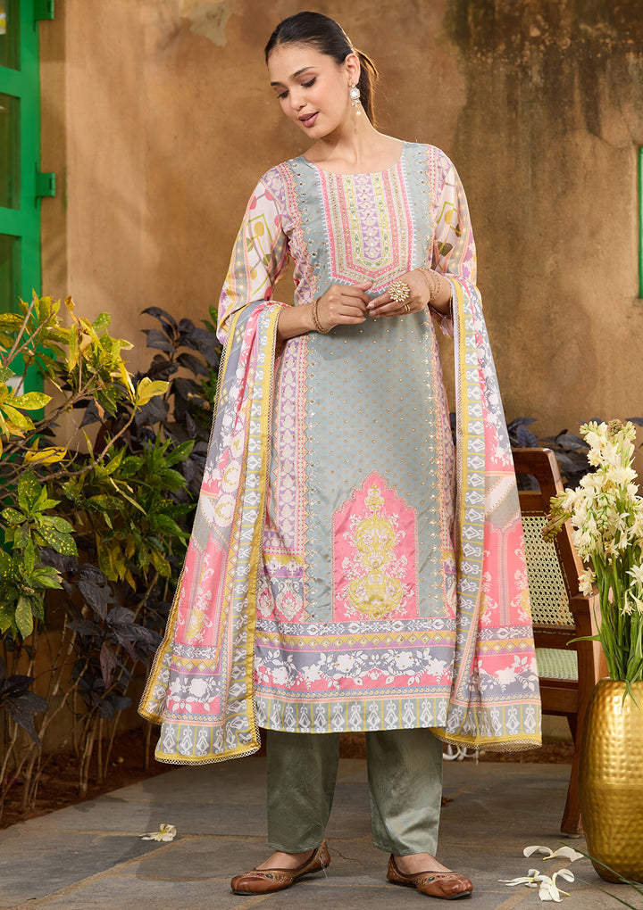 Pista Green Crepe Abstract Geometric Printed Straight Kurta With Pant Regular And Dupatta