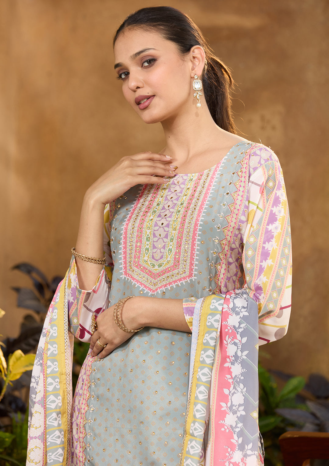 Pista Green Crepe Abstract Geometric Printed Straight Kurta With Pant Regular And Dupatta