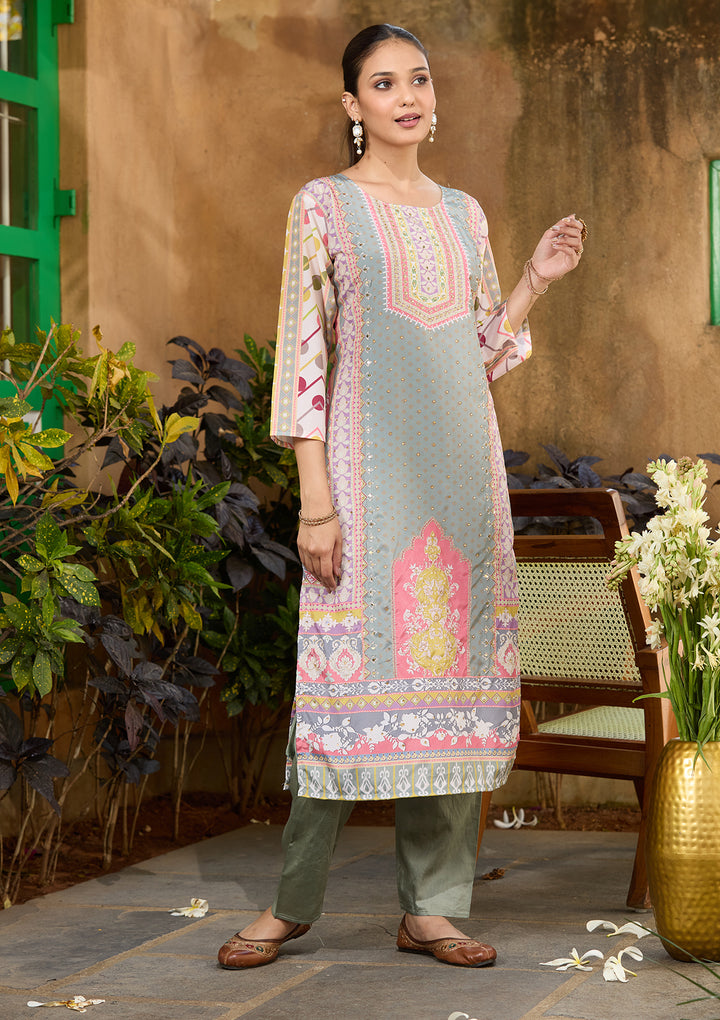 Pista Green Crepe Abstract Geometric Printed Straight Kurta With Pant Regular And Dupatta