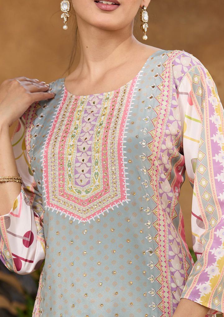 Pista Green Crepe Abstract Geometric Printed Straight Kurta With Pant Regular And Dupatta