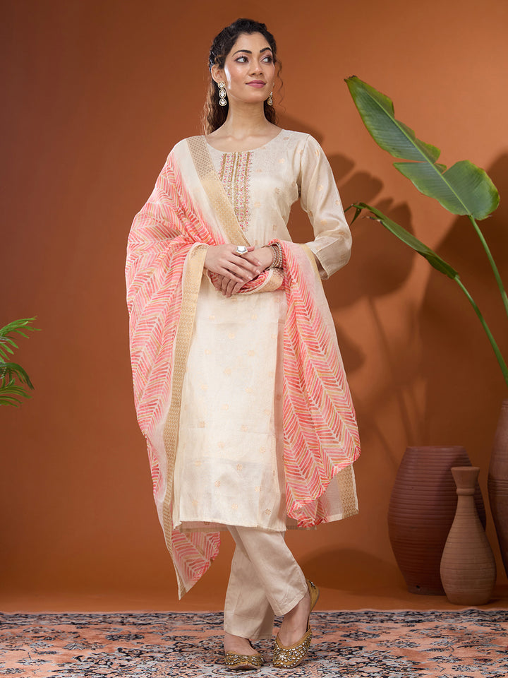 Cream Brocade Threadwork Straight Kurta With Regular Pant And Dupatta