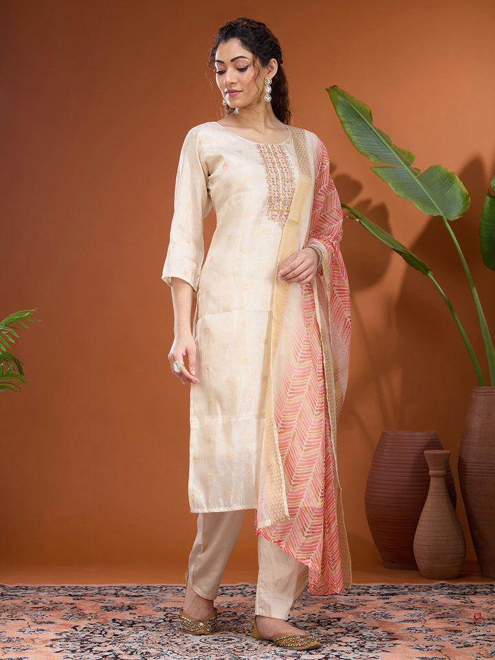 Cream Brocade Threadwork Straight Kurta With Regular Pant And Dupatta