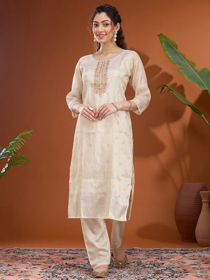 Cream Brocade Threadwork Straight Kurta With Regular Pant And Dupatta