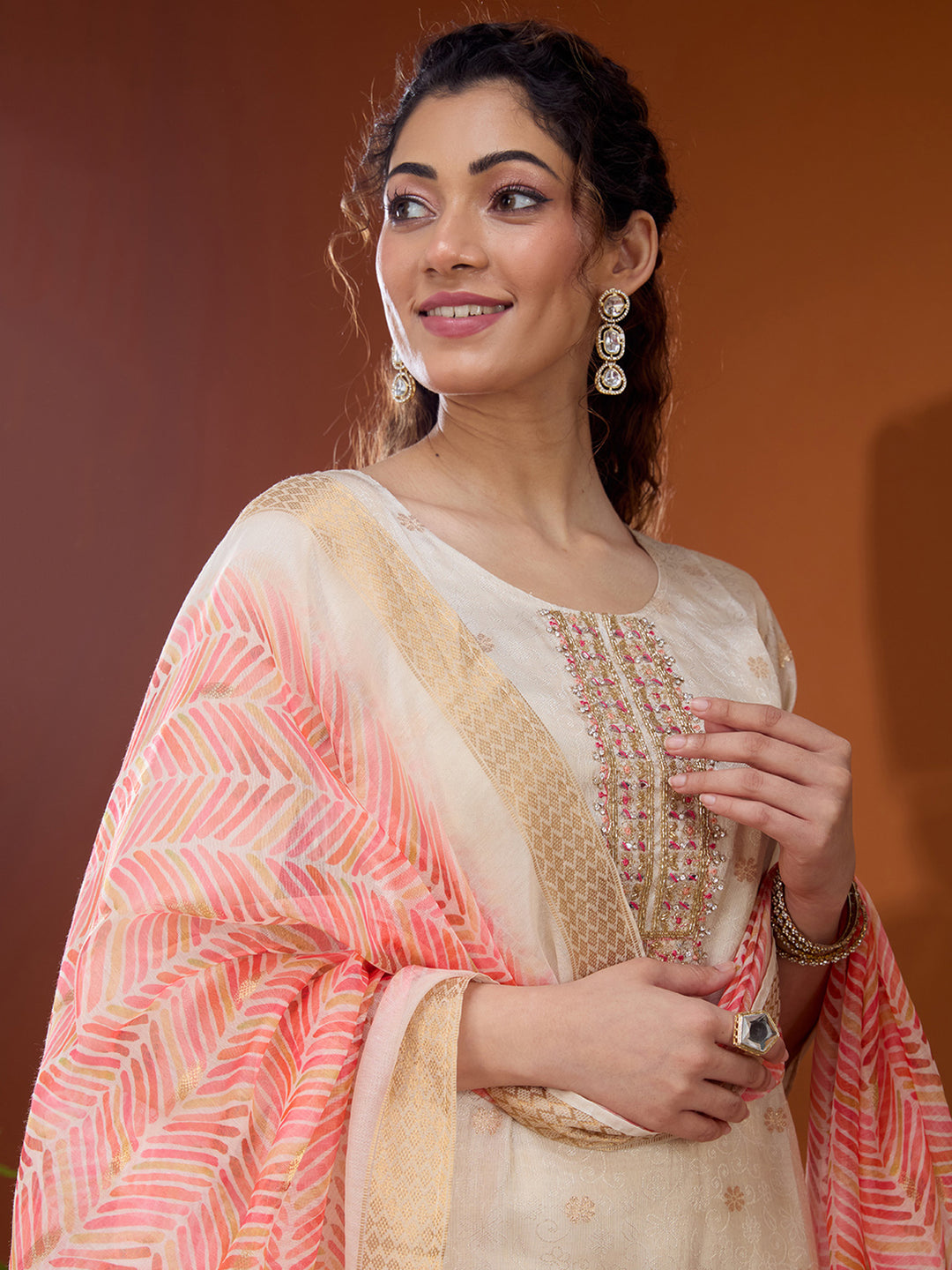 Cream Brocade Threadwork Straight Kurta With Regular Pant And Dupatta