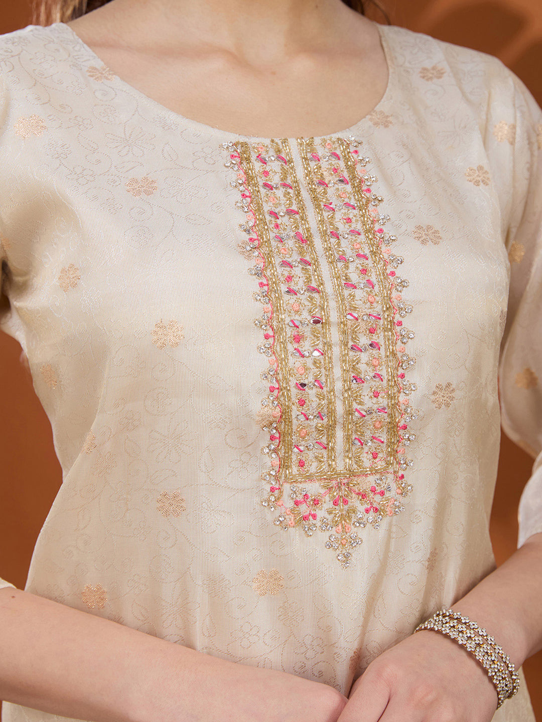 Cream Brocade Threadwork Straight Kurta With Regular Pant And Dupatta