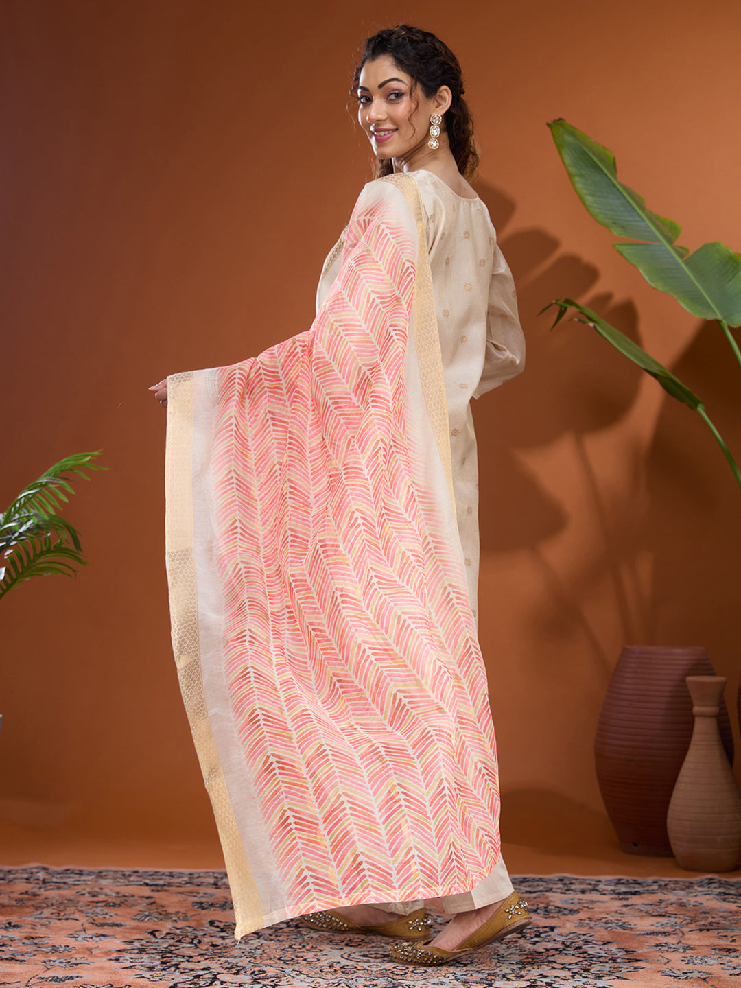 Cream Brocade Threadwork Straight Kurta With Regular Pant And Dupatta
