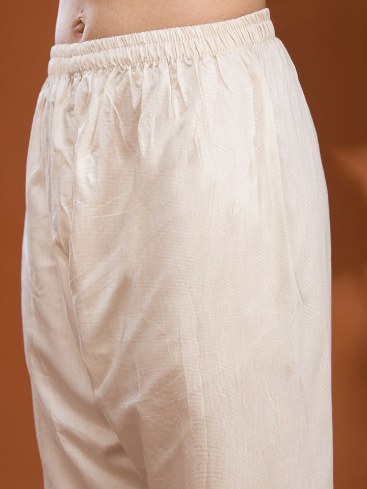 Cream Brocade Threadwork Straight Kurta With Regular Pant And Dupatta