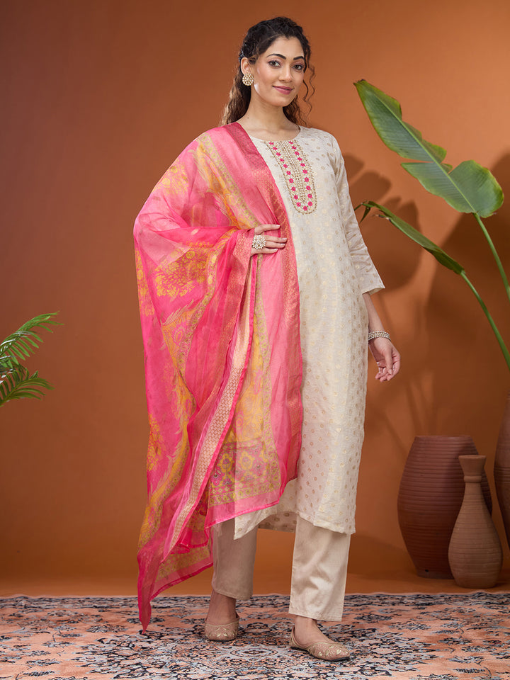Off White Magenta Pink Brocade Threadwork Straight Kurta With Pant Regular And Dupatta