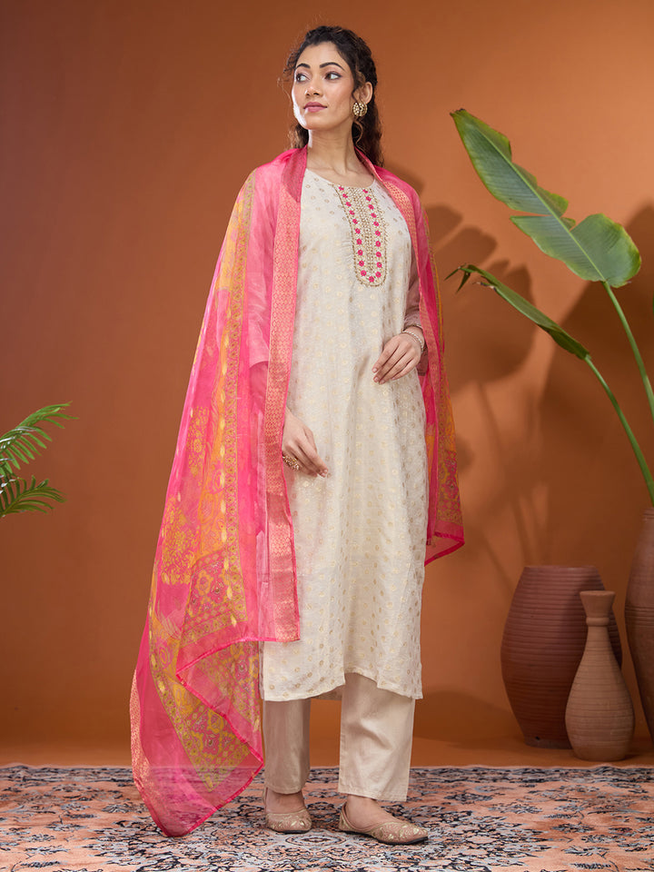 Off White Magenta Pink Brocade Threadwork Straight Kurta With Pant Regular And Dupatta
