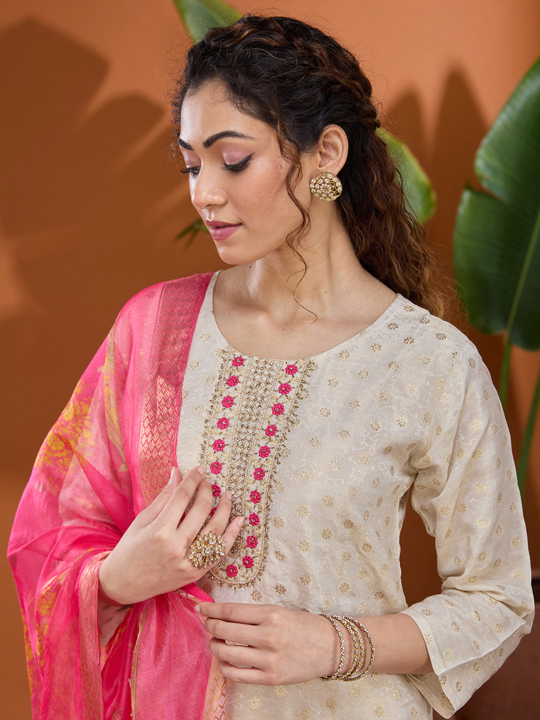 Off White Magenta Pink Brocade Threadwork Straight Kurta With Pant Regular And Dupatta