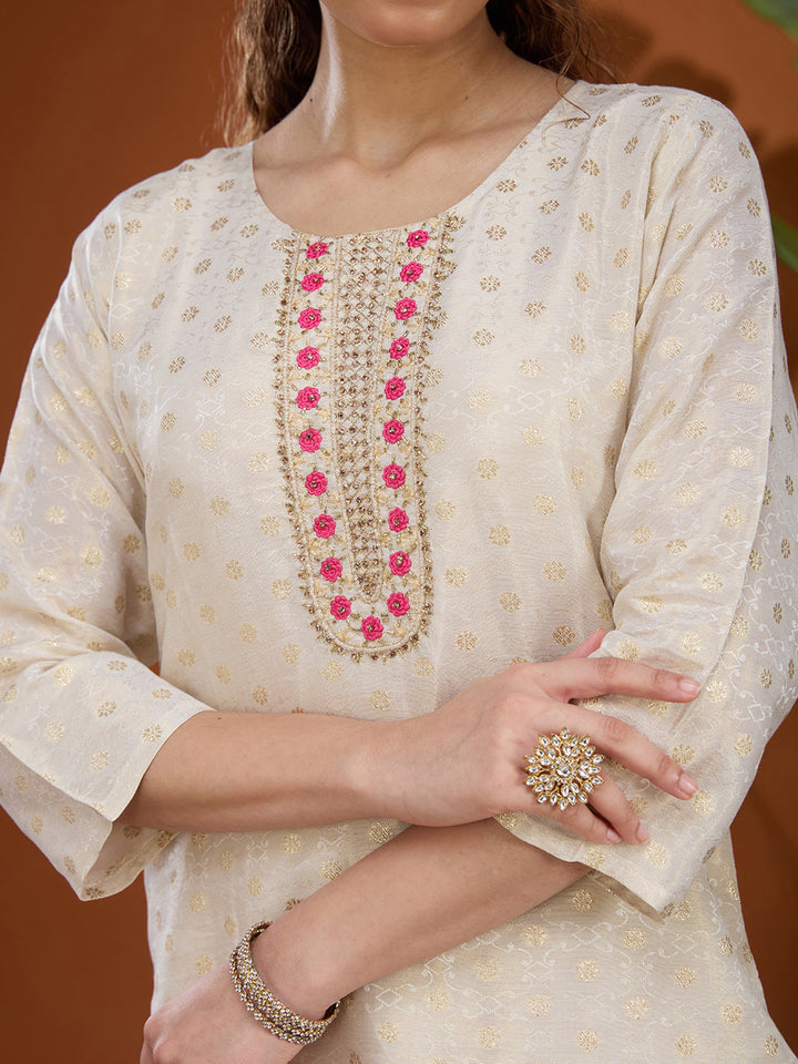 Off White Magenta Pink Brocade Threadwork Straight Kurta With Pant Regular And Dupatta