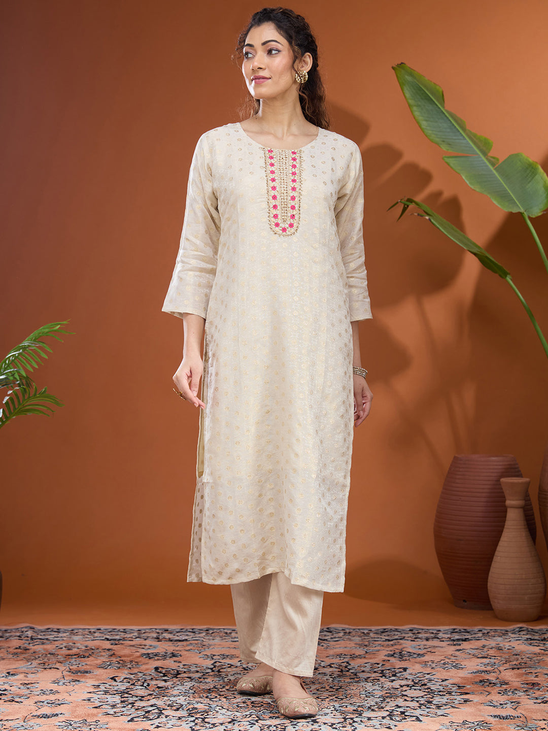 Off White Magenta Pink Brocade Threadwork Straight Kurta With Pant Regular And Dupatta