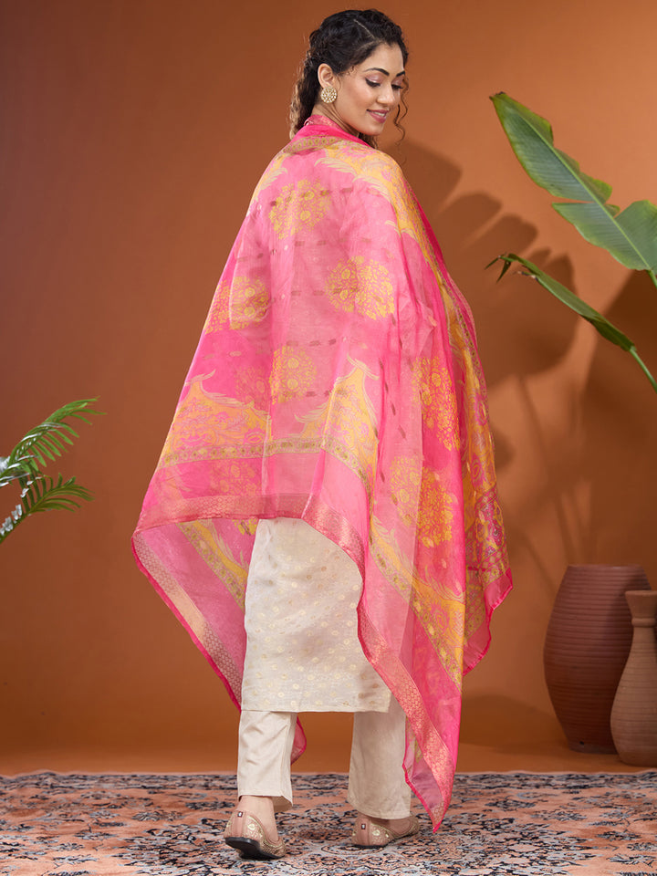 Off White Magenta Pink Brocade Threadwork Straight Kurta With Pant Regular And Dupatta