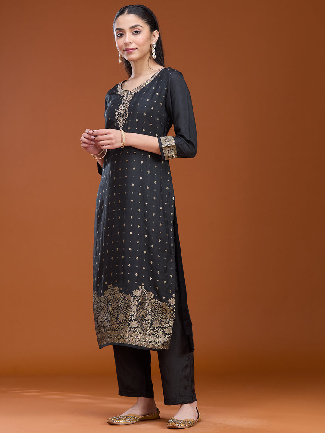Black Sequins Dola Silk Readymade Salwar Suit