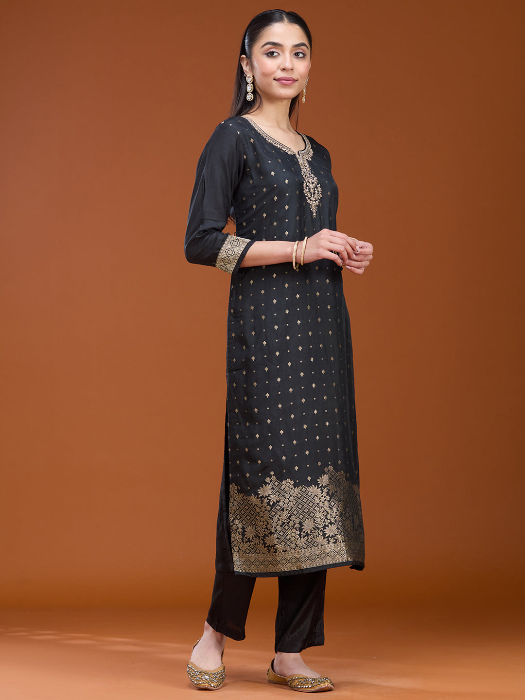Black Sequins Dola Silk Readymade Salwar Suit