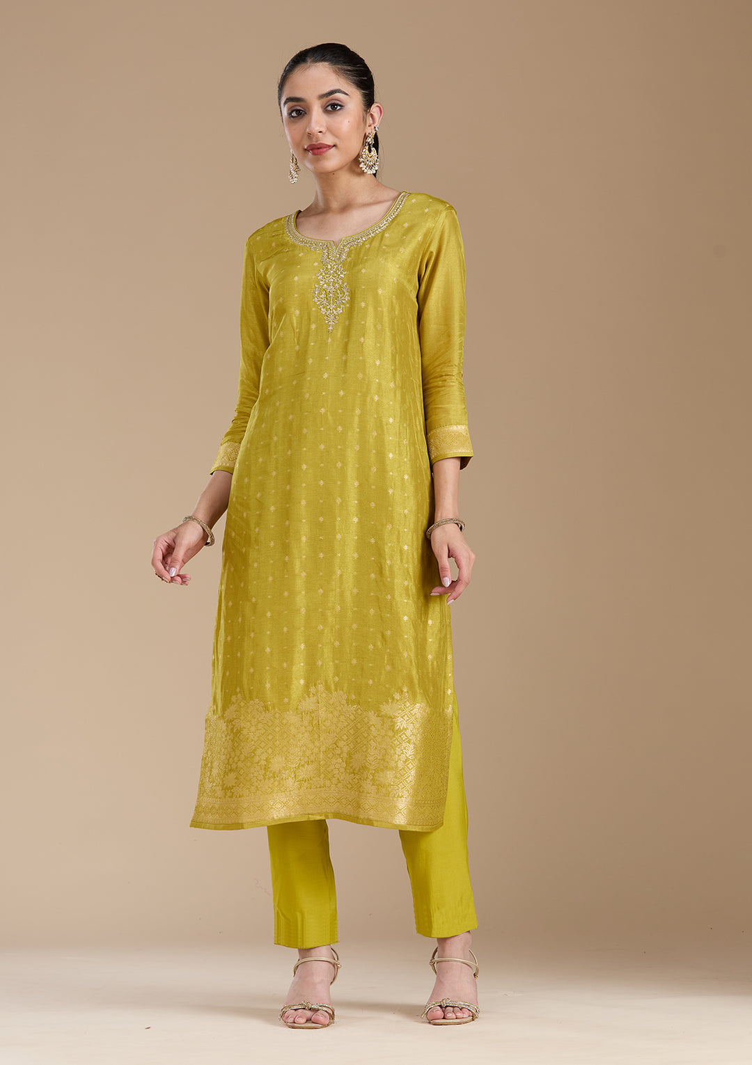 Mehandi Green Cording Banarasi Readymade Salwar Suit