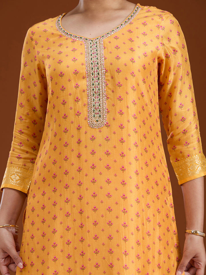 Mustard Yellow Threadwork Soft Raw Silk Readymade Salwar Suit