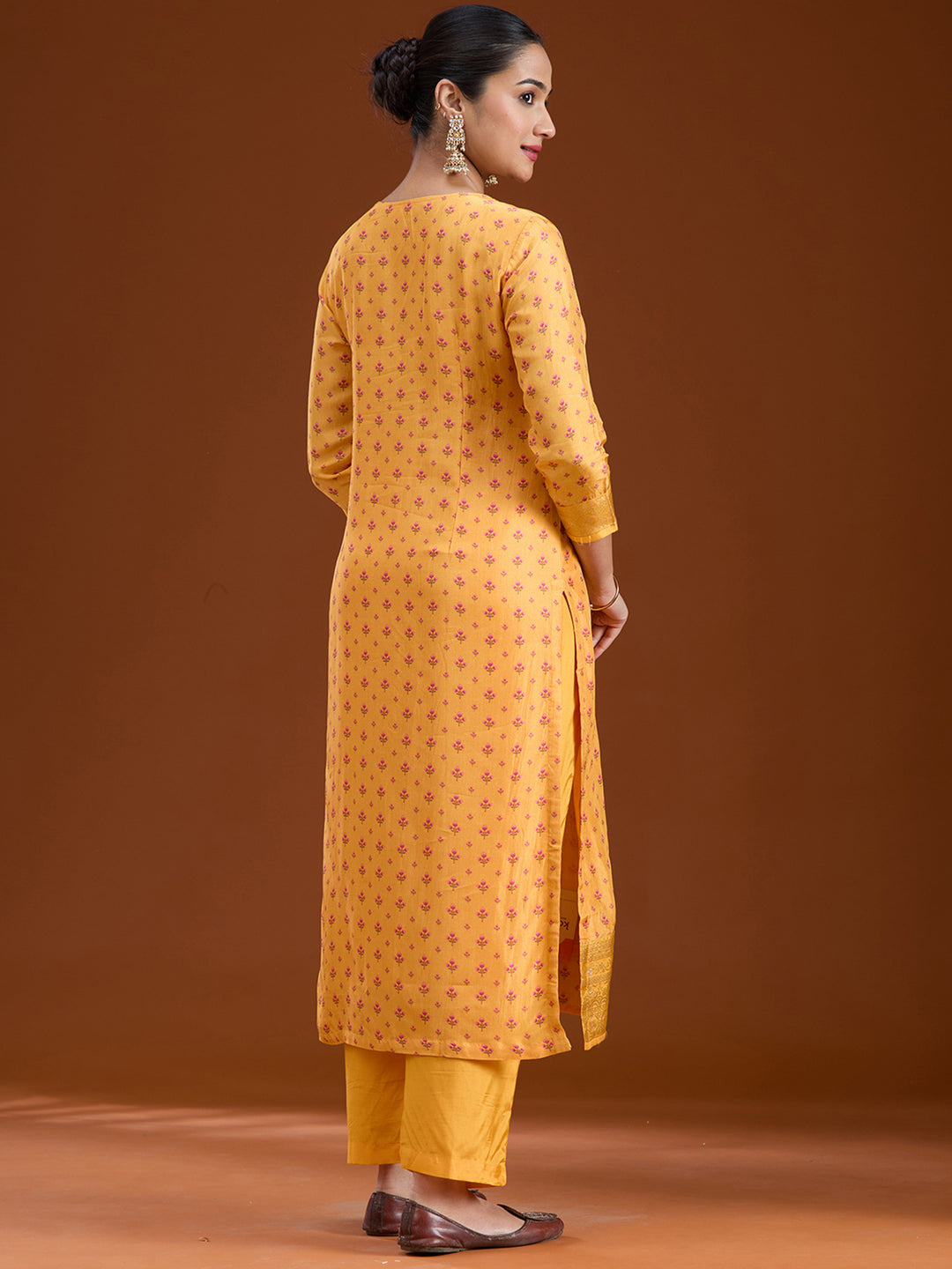 Mustard Yellow Threadwork Soft Raw Silk Readymade Salwar Suit