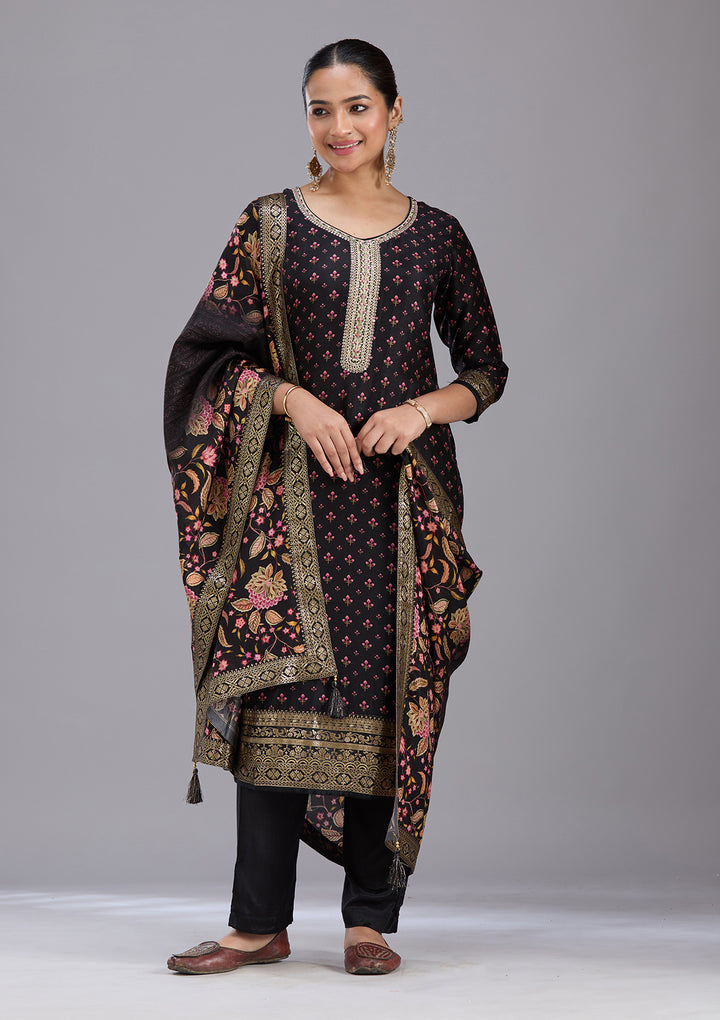 Black Zariwork Soft Raw Silk Readymade Salwar Suit