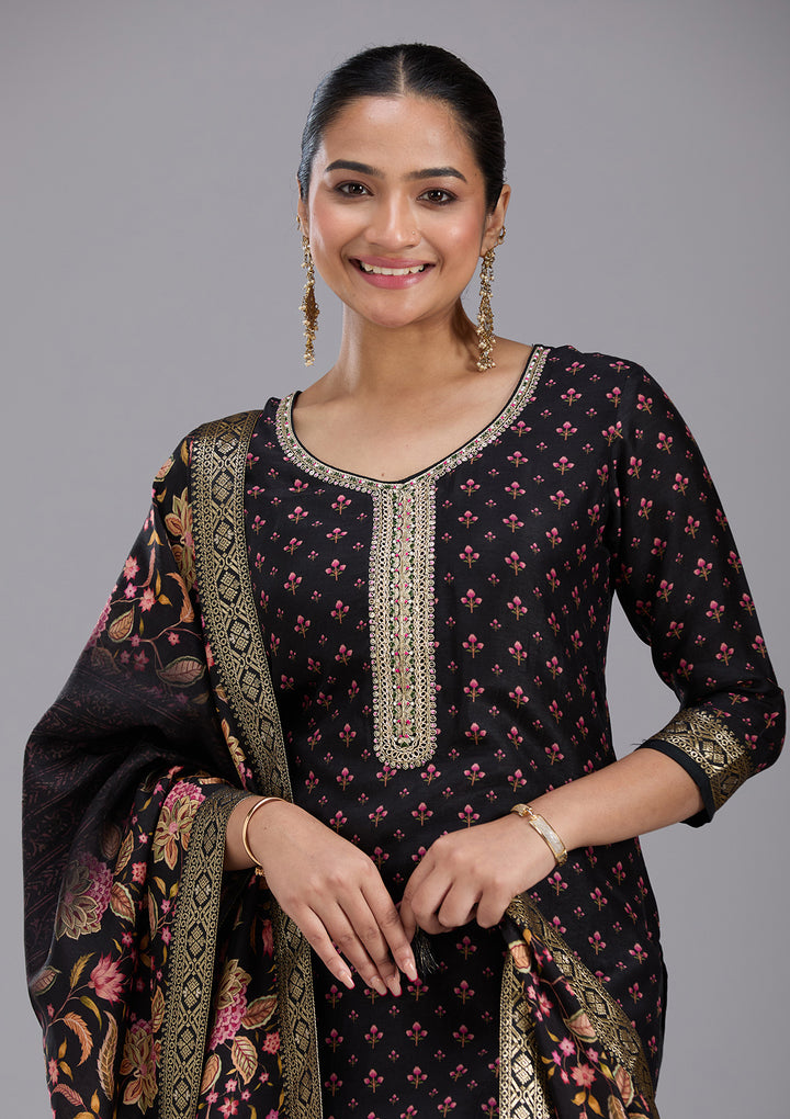 Black Zariwork Soft Raw Silk Readymade Salwar Suit