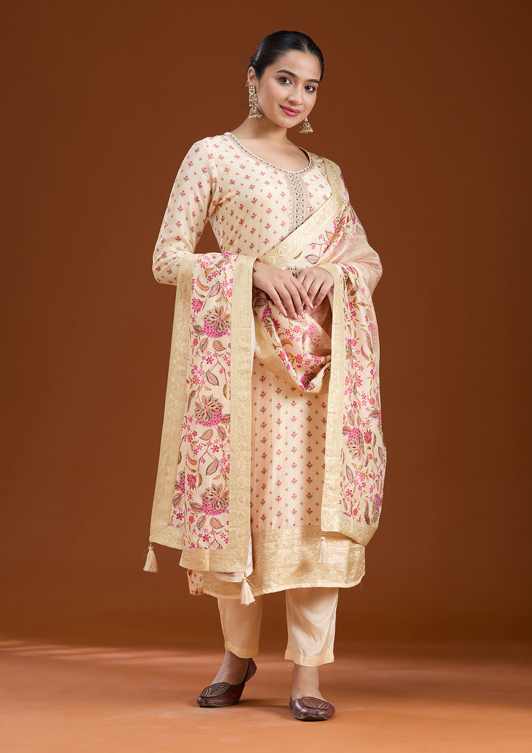 Beige Sequins Soft Raw Silk Readymade Salwar Suit