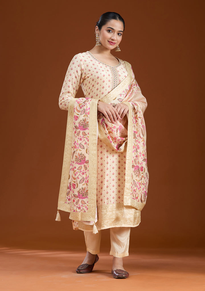 Beige Sequins Soft Raw Silk Readymade Salwar Suit