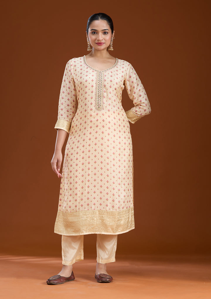 Beige Sequins Soft Raw Silk Readymade Salwar Suit