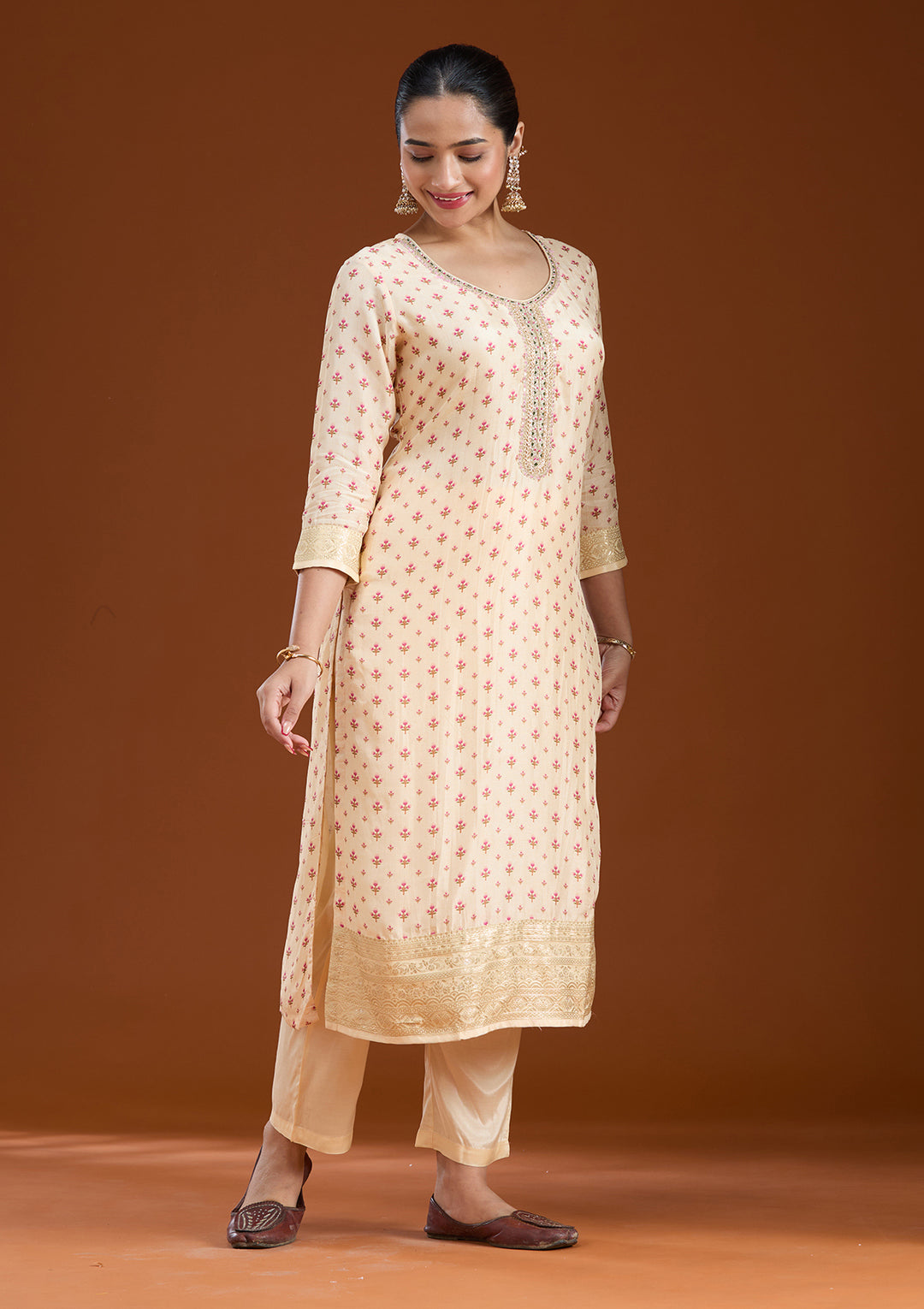 Beige Sequins Soft Raw Silk Readymade Salwar Suit