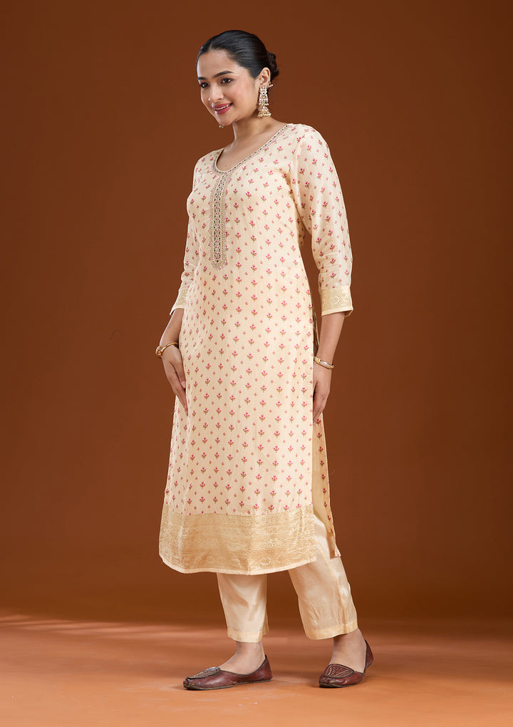 Beige Sequins Soft Raw Silk Readymade Salwar Suit