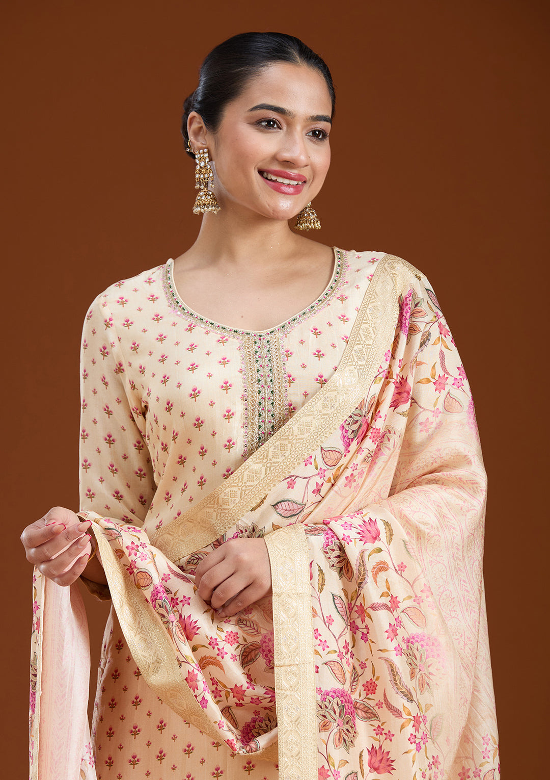 Beige Sequins Soft Raw Silk Readymade Salwar Suit