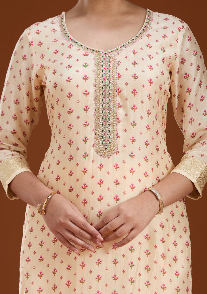 Beige Sequins Soft Raw Silk Readymade Salwar Suit
