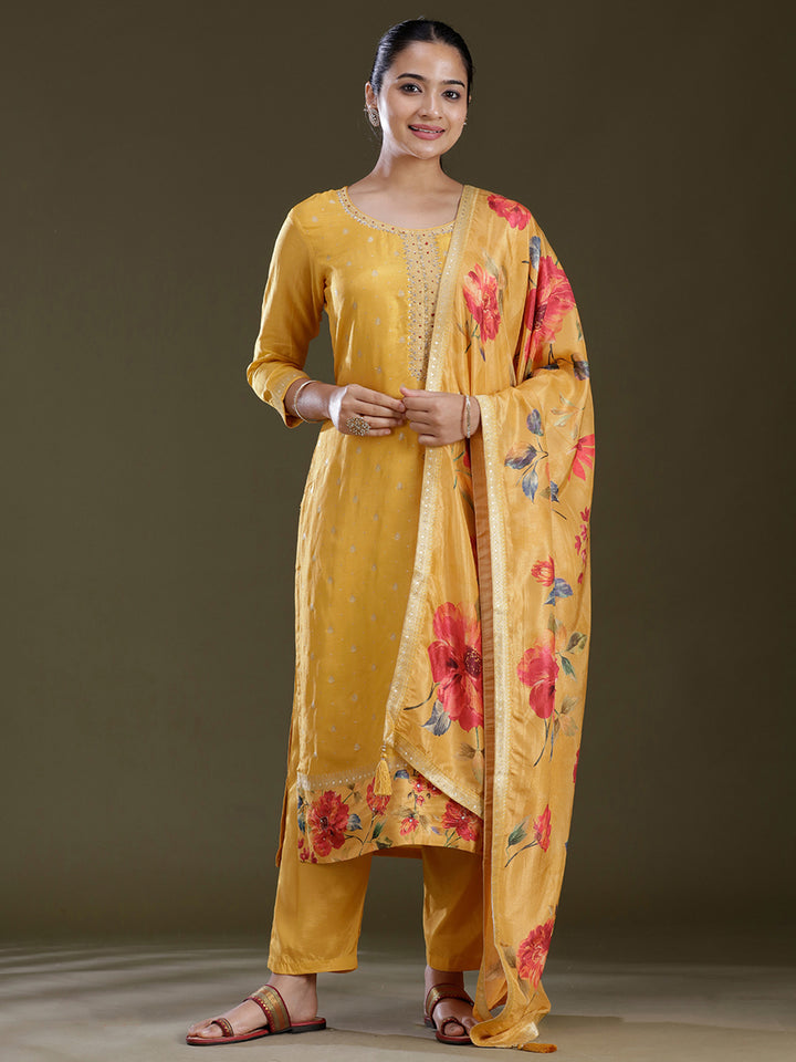 Yellow Threadwork Soft Raw Silk Readymade Salwar Suit