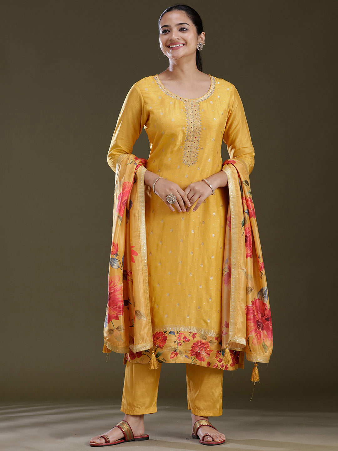 Yellow Threadwork Soft Raw Silk Readymade Salwar Suit