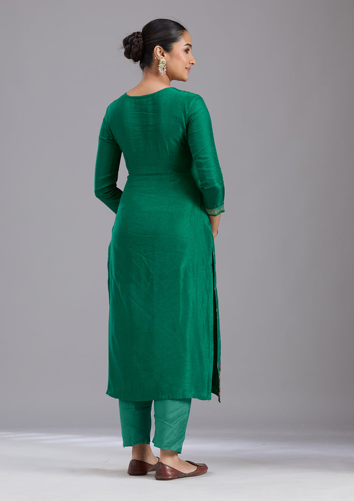 Bottle Green Sequins Soft Raw Silk Readymade Salwar Suit