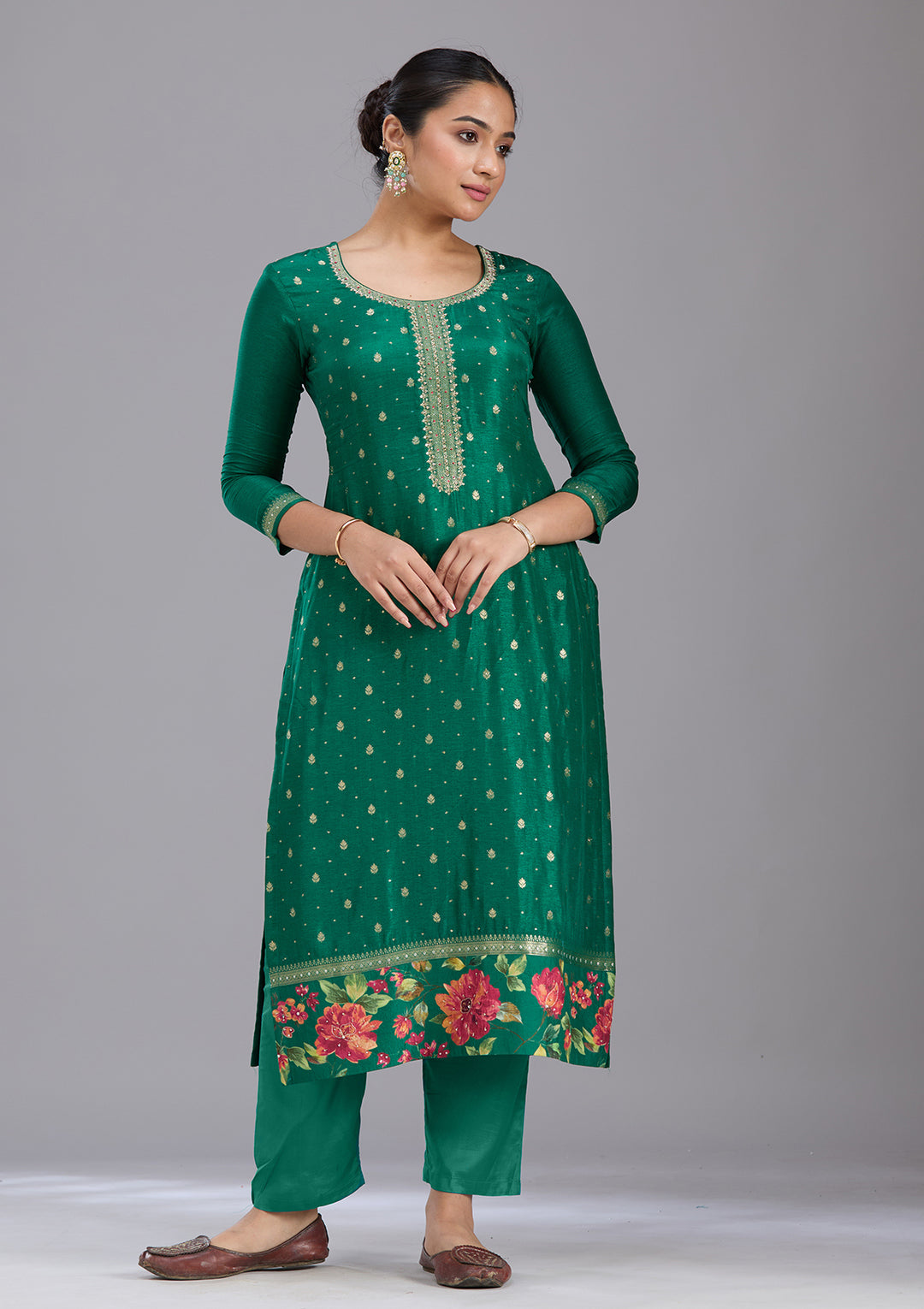 Bottle Green Sequins Soft Raw Silk Readymade Salwar Suit