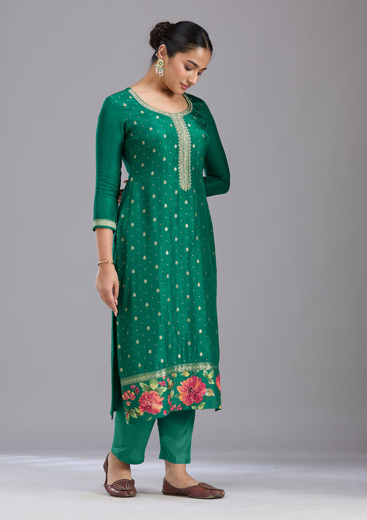 Bottle Green Sequins Soft Raw Silk Readymade Salwar Suit