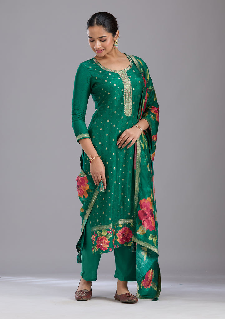 Bottle Green Sequins Soft Raw Silk Readymade Salwar Suit