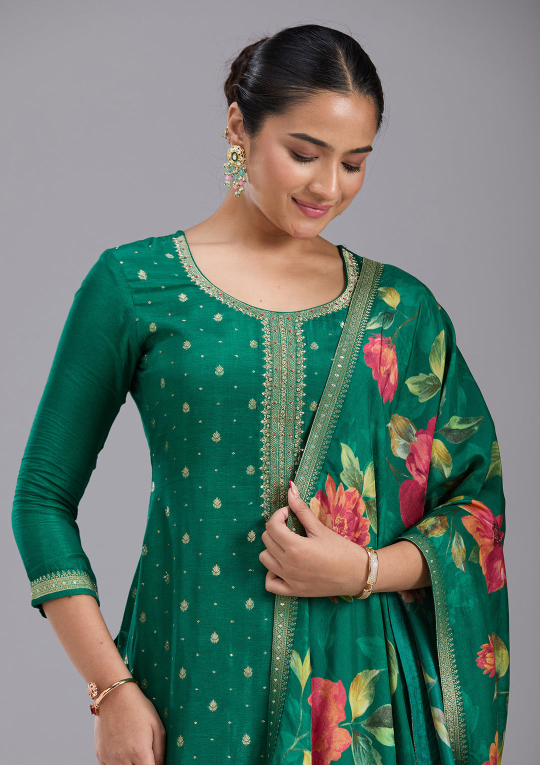 Bottle Green Sequins Soft Raw Silk Readymade Salwar Suit